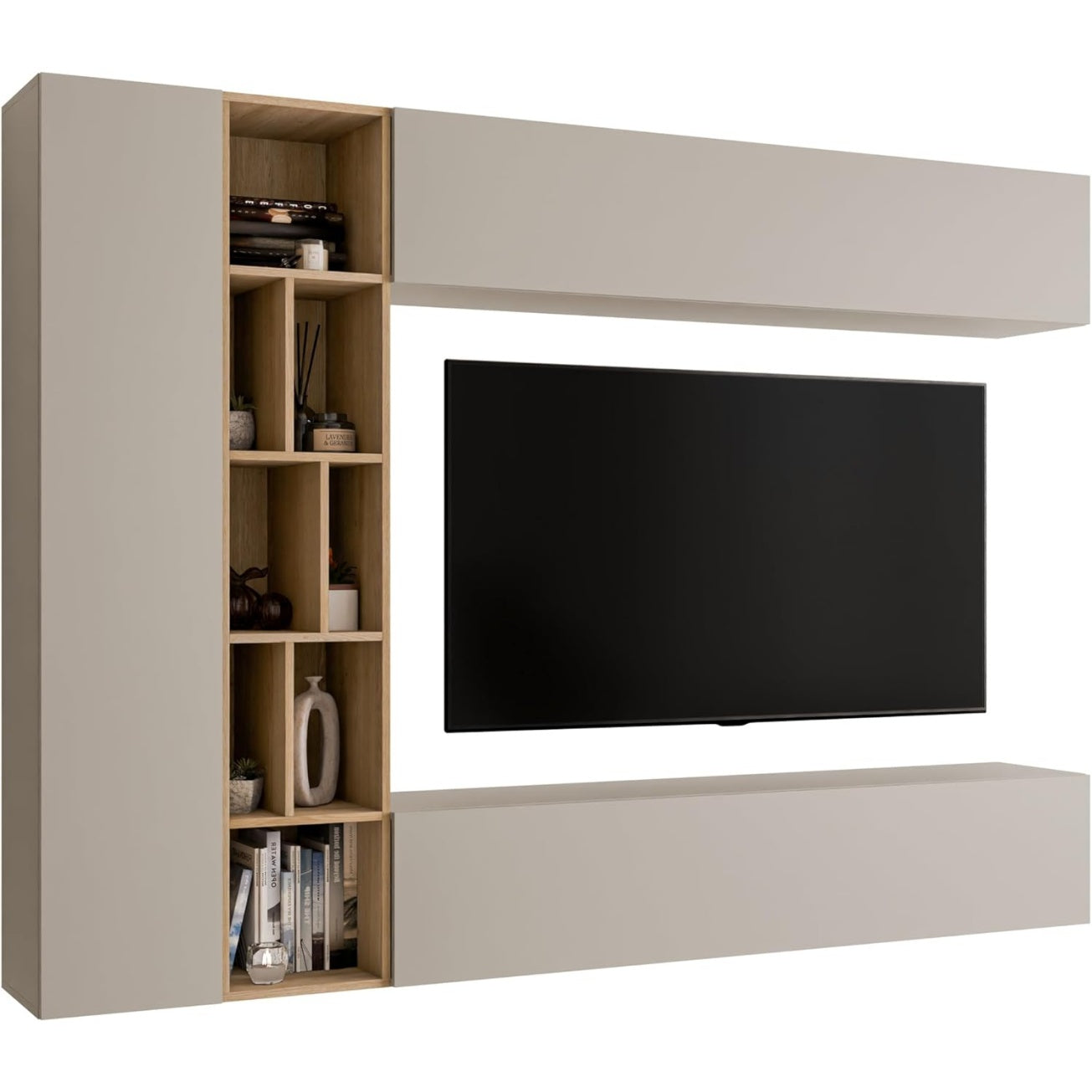 Wohnwand mit TV-Lowboard, Wandregal und Stauraum in Cashmere und