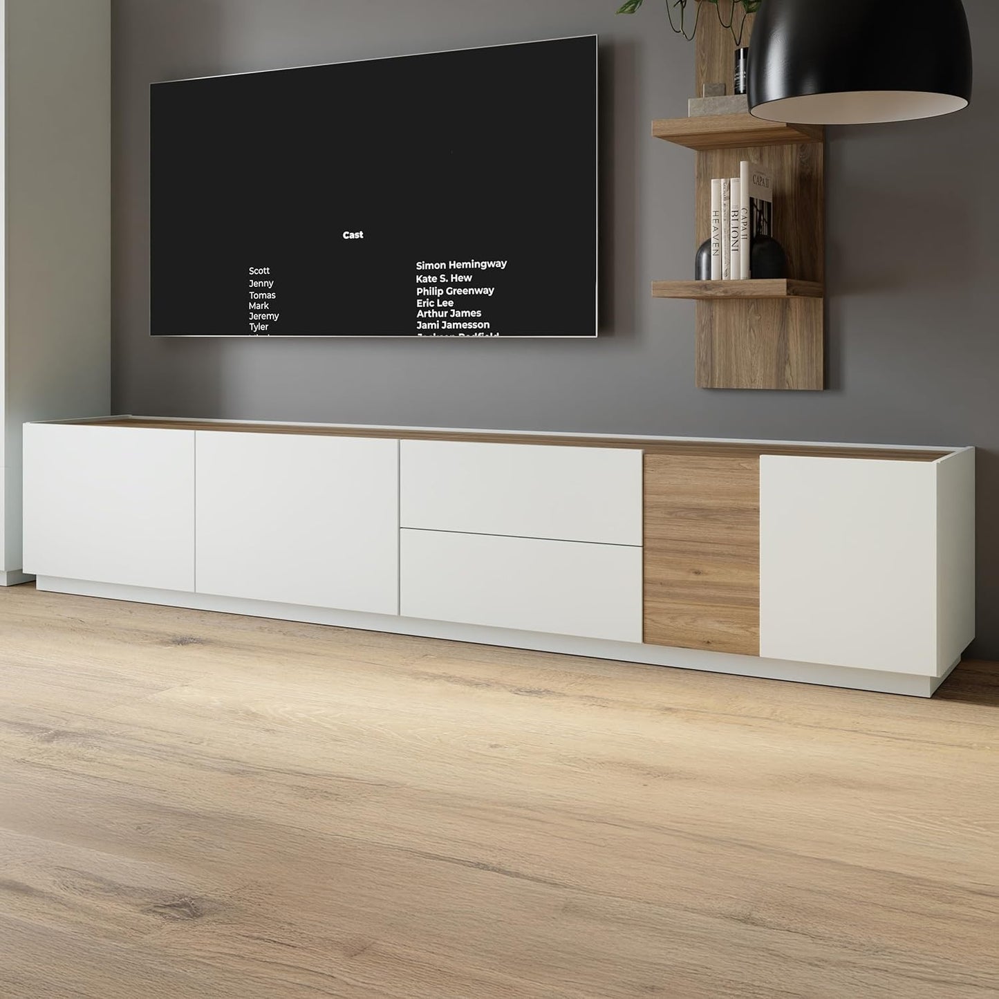 TV-Lowboard mit 3 Turen und 2 Schubladen, Grau und Eiche, 239,4 ¡Á 50,4 ¡Á 41