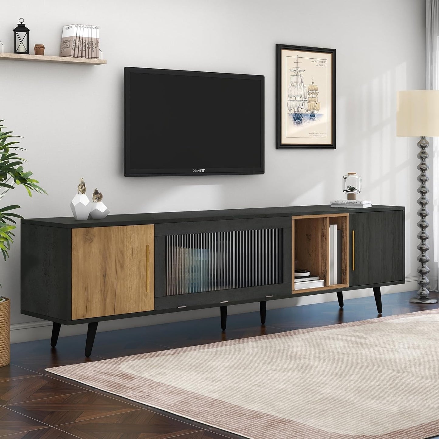 TV-Lowboard mit Riffelglastur, offenem Stauraum und Kabelmanagement, 200
