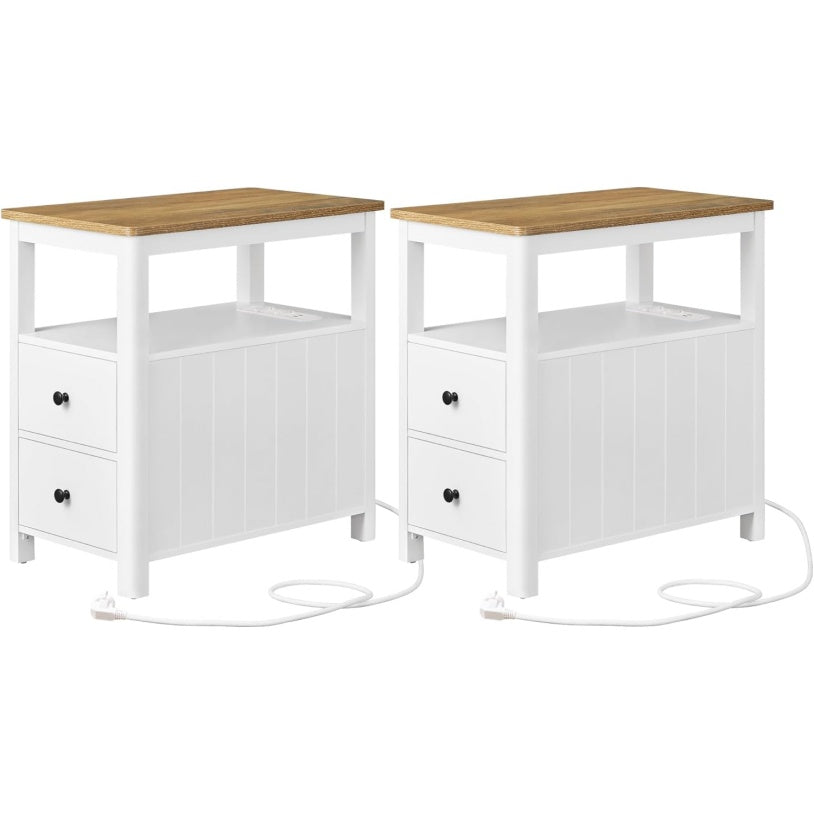 Nachttisch-Set mit Steckdosenleiste und 2 Schubladen, Walnussbraun und
