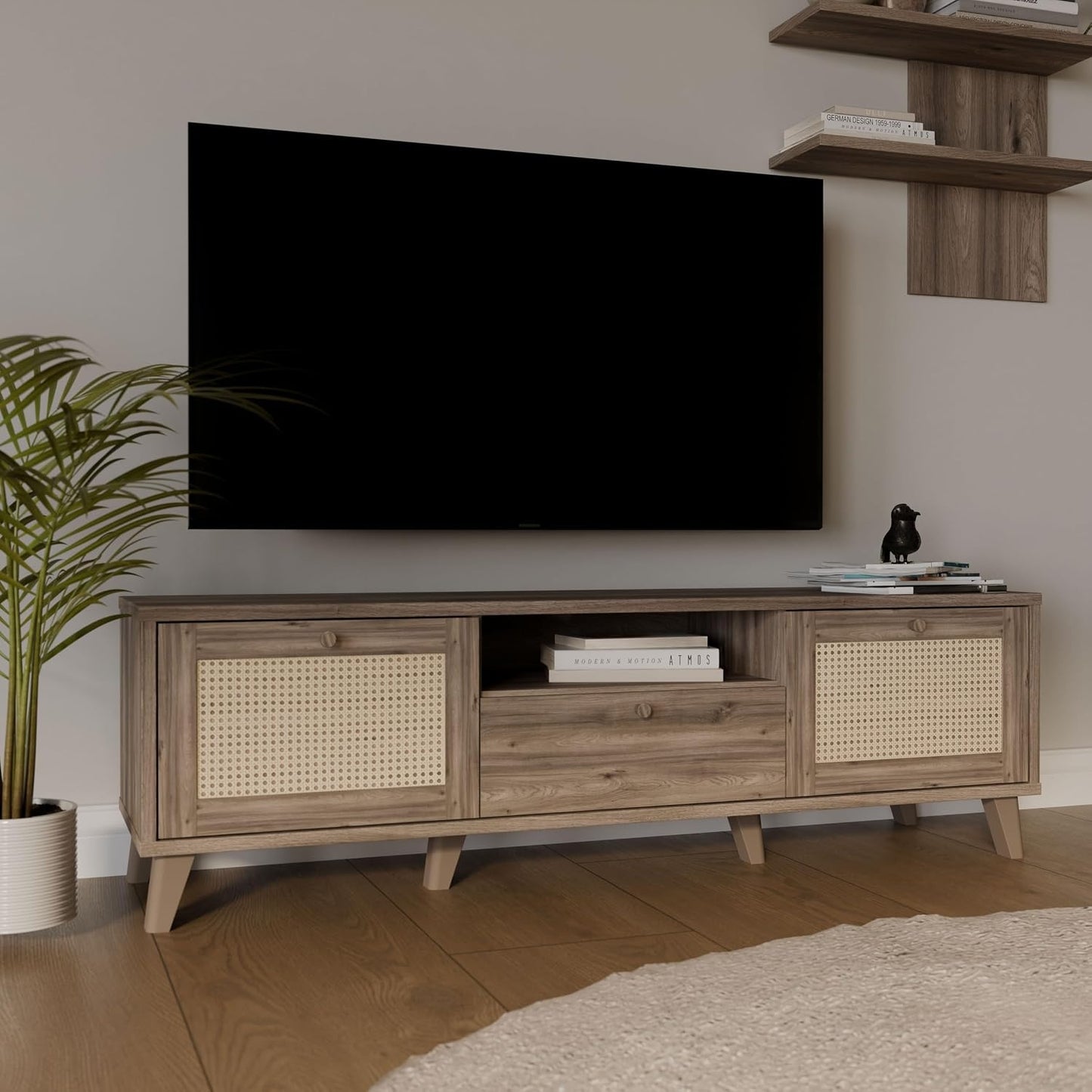 TV-Lowboard im Boho-Stil mit 2 Turen, 1 Schublade und Rattangeflecht aus Holzwerkstoff in Valencia-Eiche und Naturrattan, 159,2 ¡Á 48,8 ¡Á 42