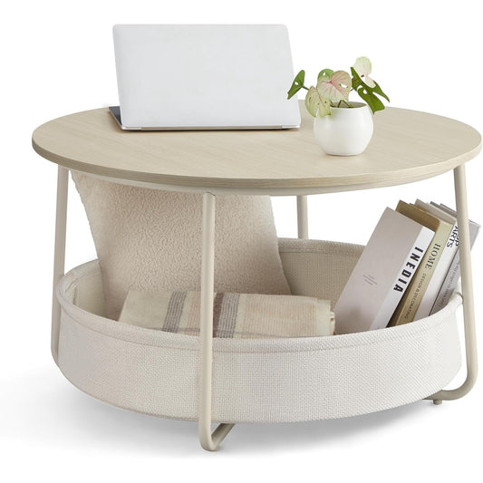 Runder Couchtisch mit Stoffkorb und Stauraum, Metallgestell, Naturbeige und