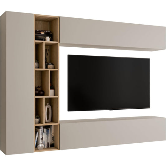 Wohnwand mit TV-Lowboard, Wandregal und Stauraum in Cashmere und