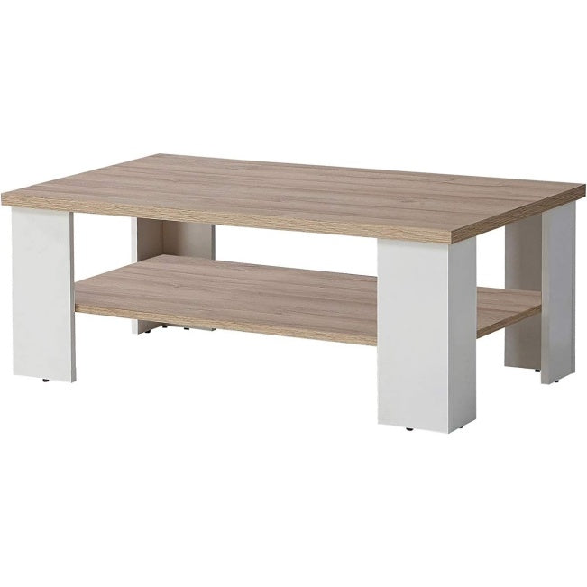 Couchtisch mit Ablage aus Holzwerkstoff in Wei? matt und Bianco-Eiche, 107 ¡Á 42,8 ¡Á 67
