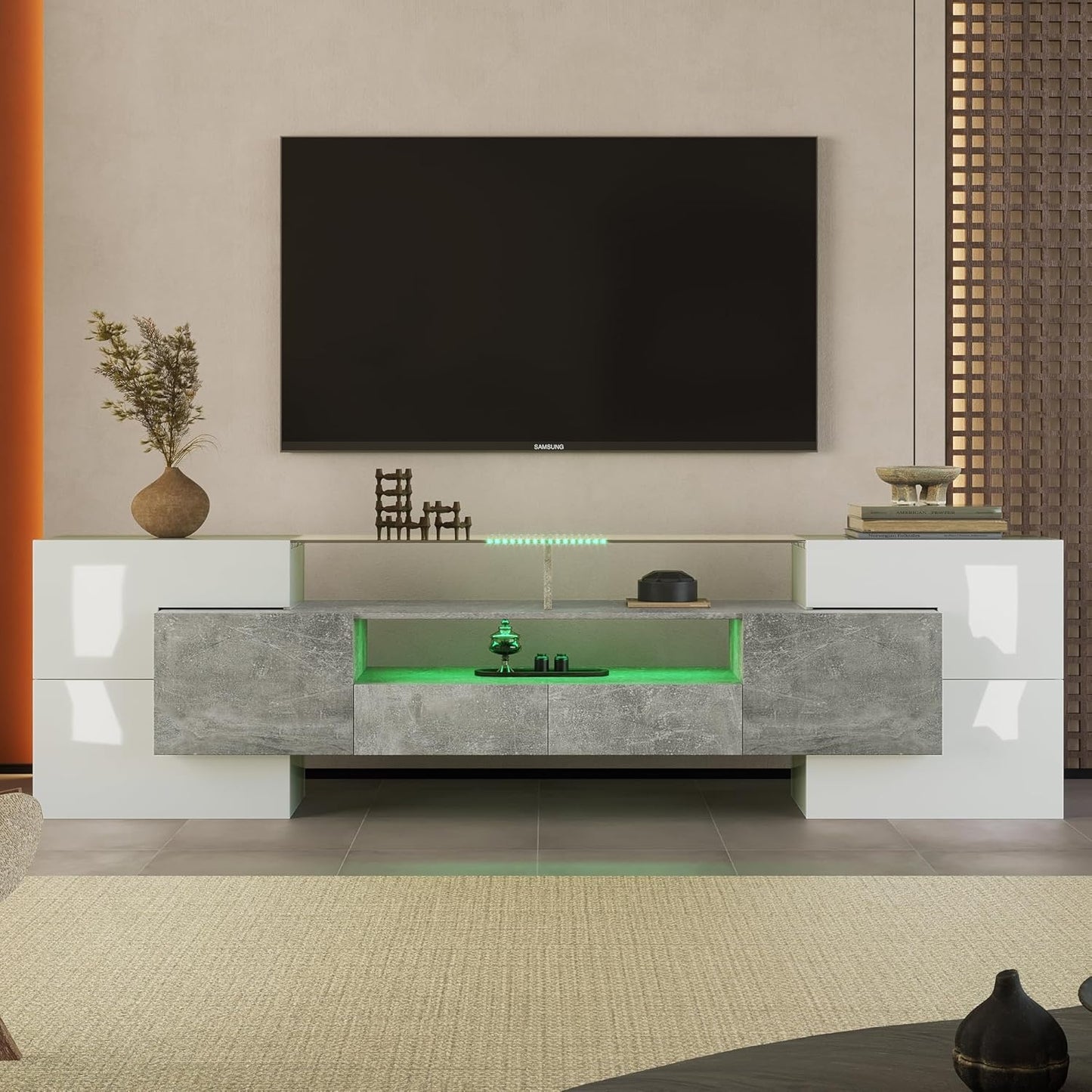 TV-Lowboard mit 6 Schrankfachern, 2 Schubladen und 3 offenen Regalen, 200