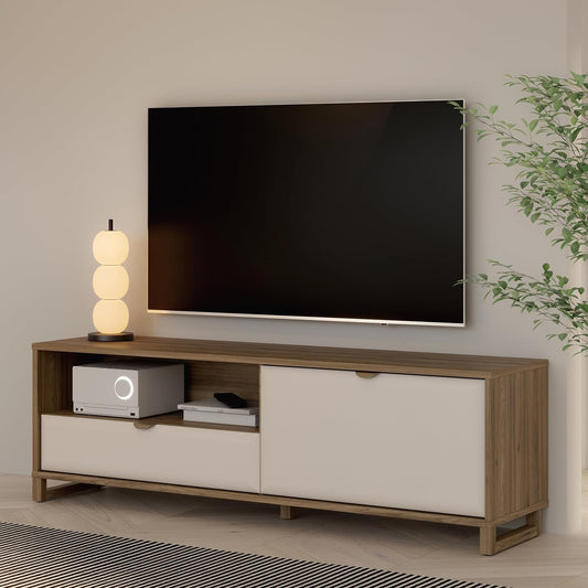 TV-Lowboard mit Klappfach und Schublade aus Holzwerkstoff in Kaschmirbeige, Valencia-Eiche und Sand, 174,5 ¡Á 51,5 ¡Á 41,9
