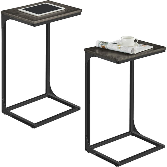 C-formiges Beistelltisch-Set mit 2 Tischen und Metallgestell, Ebonisierte Eiche und
