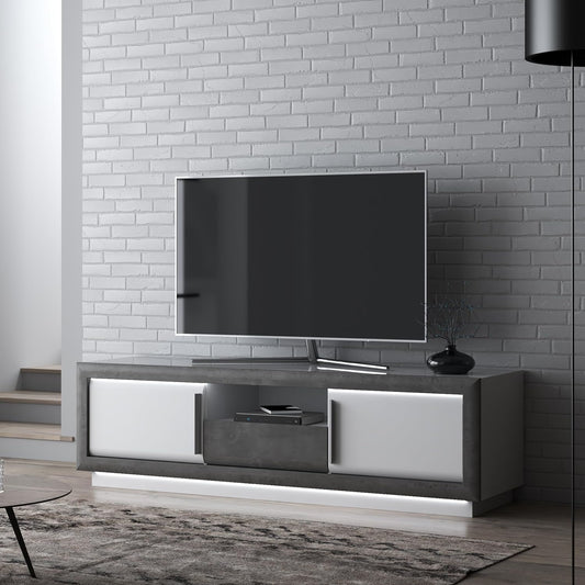 TV-Lowboard mit 2 Turen, 1 Schublade und offenem Fach aus Holzwerkstoff in Dunkelgrauer Betonoptik und Wei? Hochglanz, 192,7 ¡Á 56,2 ¡Á 53