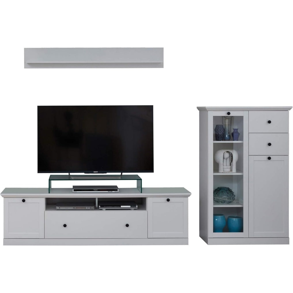 Wohnwand in Wei? mit Vitrine, TV-Lowboard und Wandboard, 273 ¡Á 180 ¡Á 41
