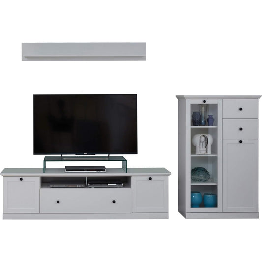 Wohnwand in Wei? mit Vitrine, TV-Lowboard und Wandboard, 273 ¡Á 180 ¡Á 41