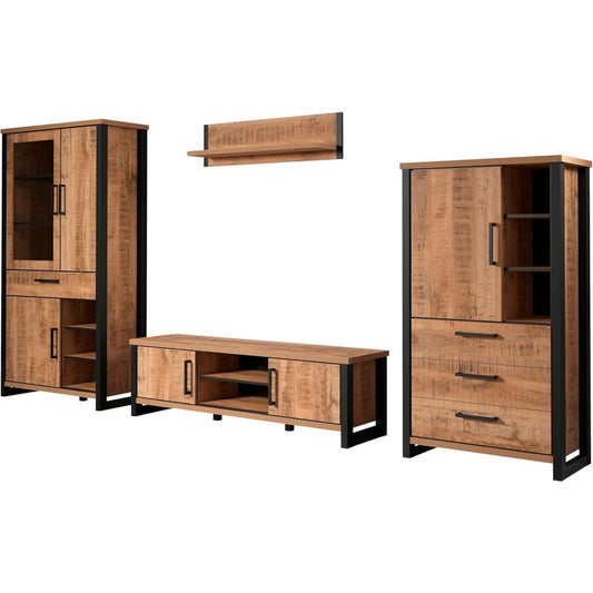 Wohnwand in Mango und Schwarz mit Vitrine, Highboard, TV-Lowboard und Wandboard, 389 ¡Á 195 ¡Á 45