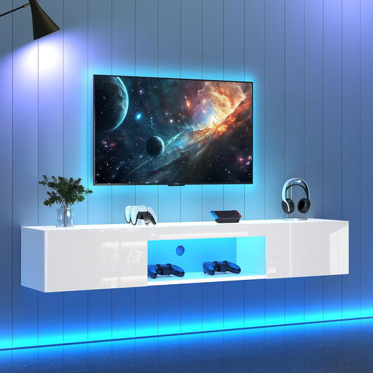 Hangendes TV-Lowboard in Hochglanz Wei? mit LED-Beleuchtung, 2 Klappturen und offenem Fach, 160