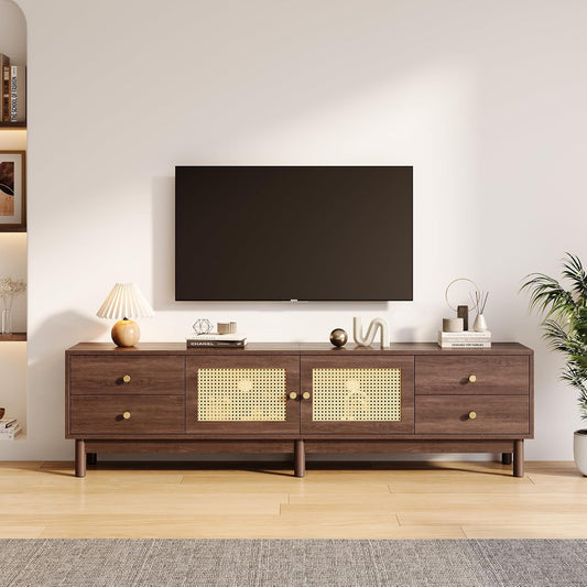 TV-Lowboard im Landhausstil mit 2 Rattanturen, 4 Schubladen fur Fernseher bis 80 Zoll, 180