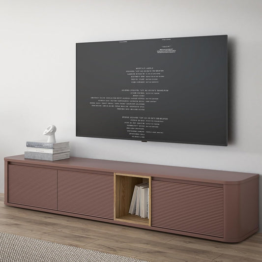 TV-Lowboard mit 3 Turen, beleuchtetem Fach und Relieffront aus Holzwerkstoff in Terrakotta und Mauvella-Eiche, 215 ¡Á 41,5 ¡Á 41,3