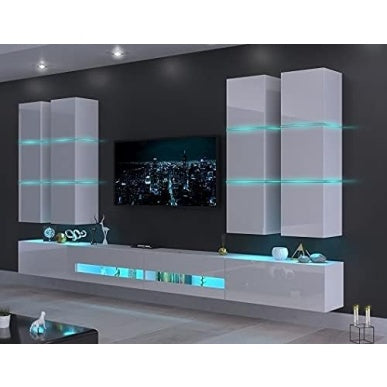 Hangende Wohnwand mit LED-Beleuchtung, Regalen und