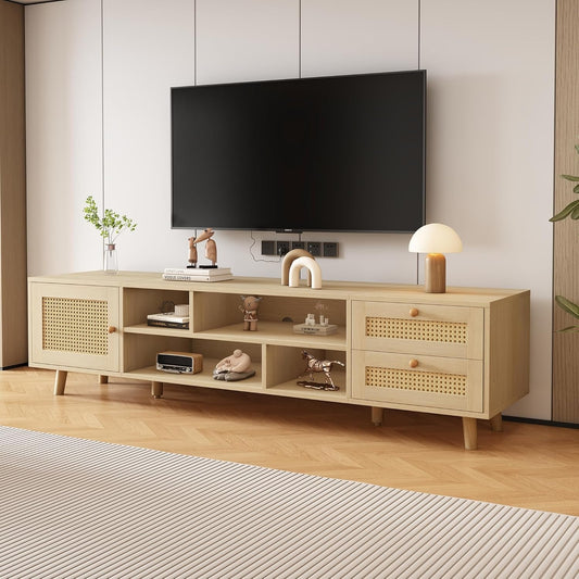 TV-Lowboard mit Rattanfront, 2 Schubladen und 1 Tur fur Fernseher bis 70