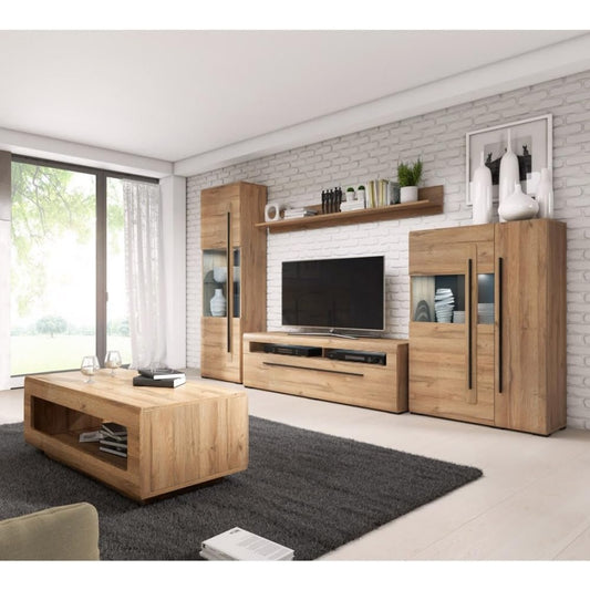 Wohnwand in Eiche-Optik mit Couchtisch, LED-Beleuchtung und Glaseinsatzen, 320 ¡Á 204 ¡Á 50