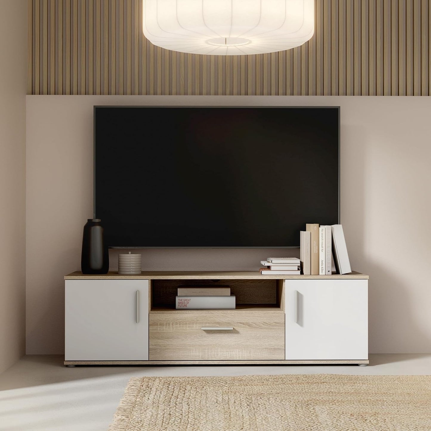 TV-Lowboard mit 2 Turen, 1 Schublade und offenem Fach aus Holzwerkstoff in Wei? und Sonoma-Eiche, 144,6 ¡Á 43,3 ¡Á 41,3